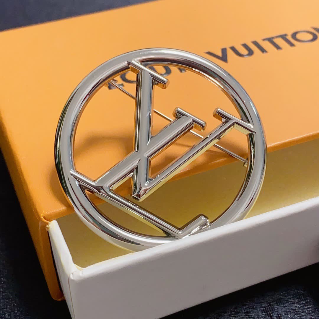 Louis Vuitton Brooch - Silver Circle with LV Logo